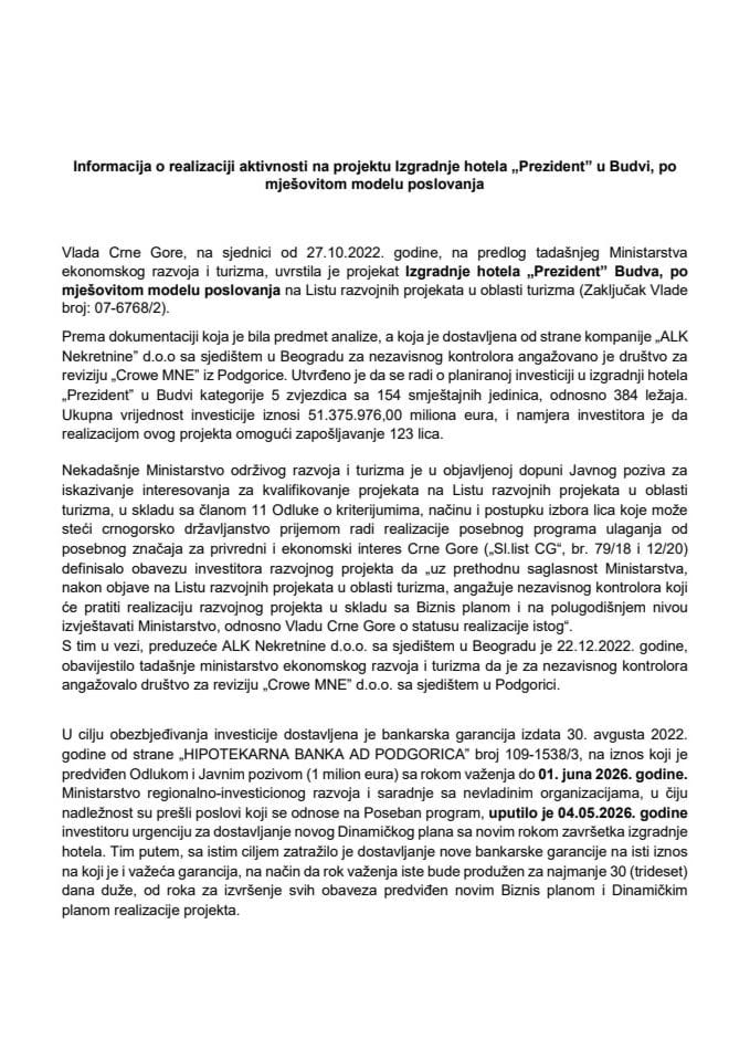 Informacija o realizaciji aktivnosti na projektu Izgradnje hotela „Prezident“ u Budvi, po mješovitom modelu poslovanja