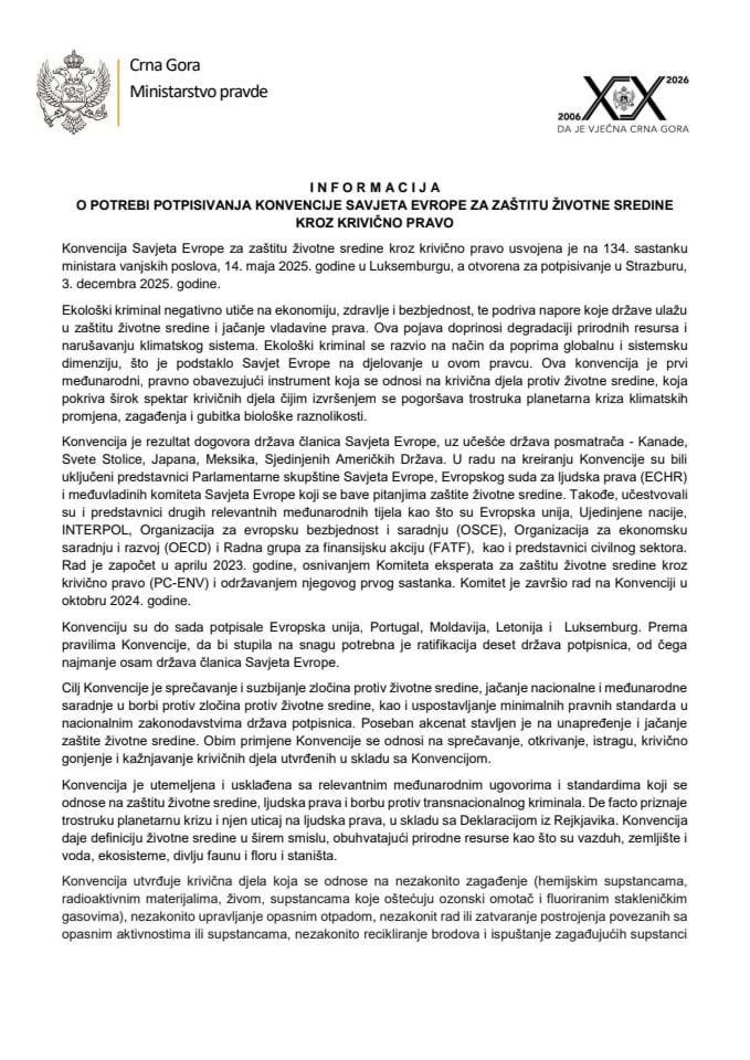 Informacija o potrebi potpisivanja Konvencije Savjeta Evrope za zaštitu životne sredine kroz krivično pravo