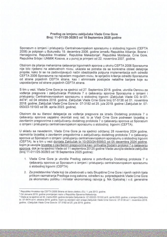 Predlog za izmjenu zaključaka Vlade Crne Gore, broj: 11-011/25-3028/3, od 18. septembra 2025. godine