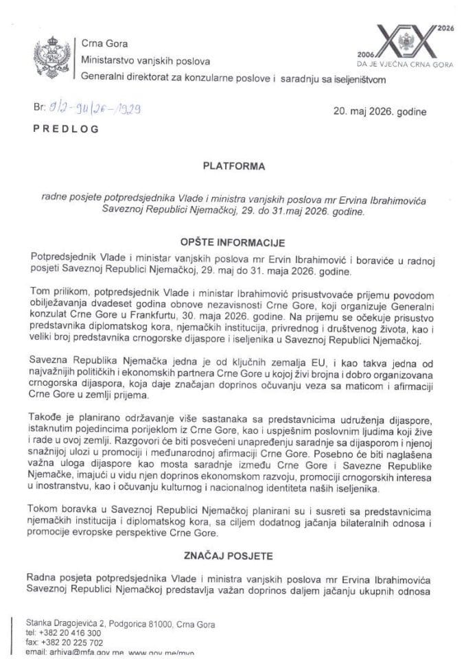Predlog platforme radne posjete potpredsjednika Vlade i ministra vanjskih poslova mr Ervina Ibrahimovića Saveznoj Republici Njemačkoj, od 29. do 31. maja 2026. godine