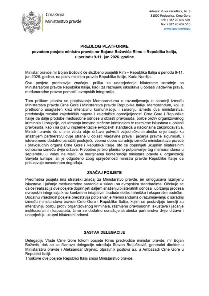 Predlog platforme povodom posjete ministra pravde mr Bojana Božovića Rimu - Republika Italija, u periodu 9 - 11. jun 2026. godine