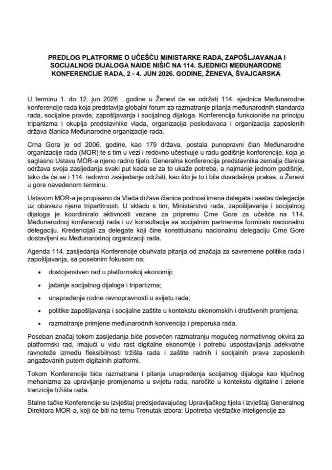 Predlog platforme o učešću ministarke rada, zapošljavanja i socijalnog dijaloga Naide Nišić na 114. sjednici Međunarodne konferencije rada, 2 - 4. jun 2026. godine, Ženeva, Švajcarska