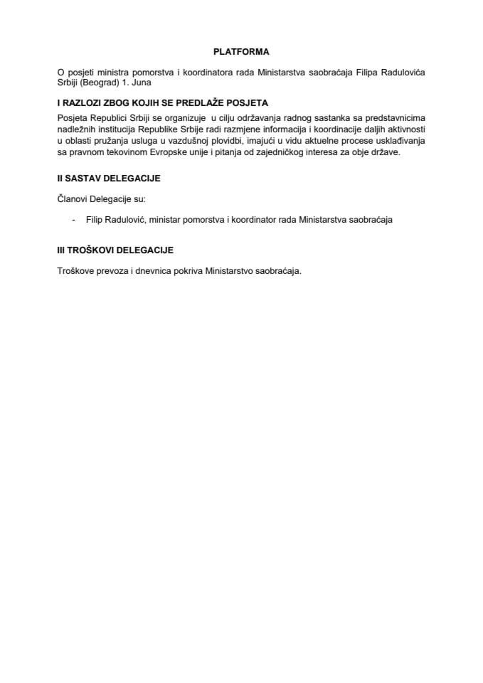 Predlog platforme o posjeti ministra pomorstva i koordinatora rada Ministarstva saobraćaja Filipa Radulovića Srbiji (Beograd) 1. juna 2026. godine