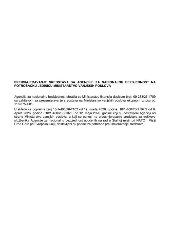 Informacija o preusmjeravanju sredstava sa Agencije za nacionalnu bezbjednost na potrošačku jedinicu Ministarstvo vanjskih poslova