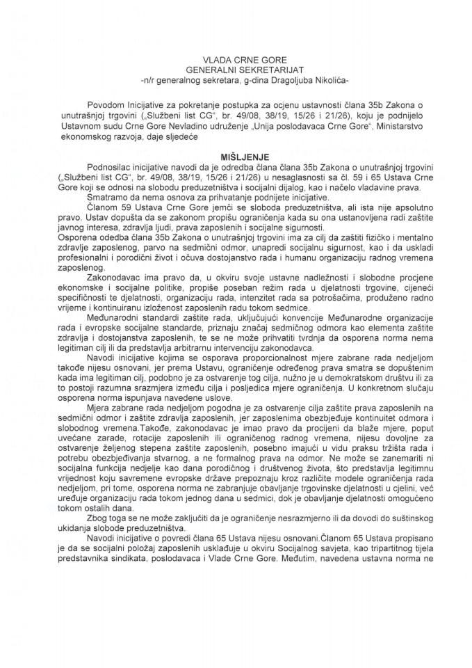 Predlog mišljenja na Inicijativu za pokretanje postupka za ocjenu ustavnosti odredaba člana 35b Zakona o unutrašnjoj trgovini, koju je podnijelo Nevladino udruženje „Unija poslodavaca Crne Gore“, sa sjedištem u Podgorici