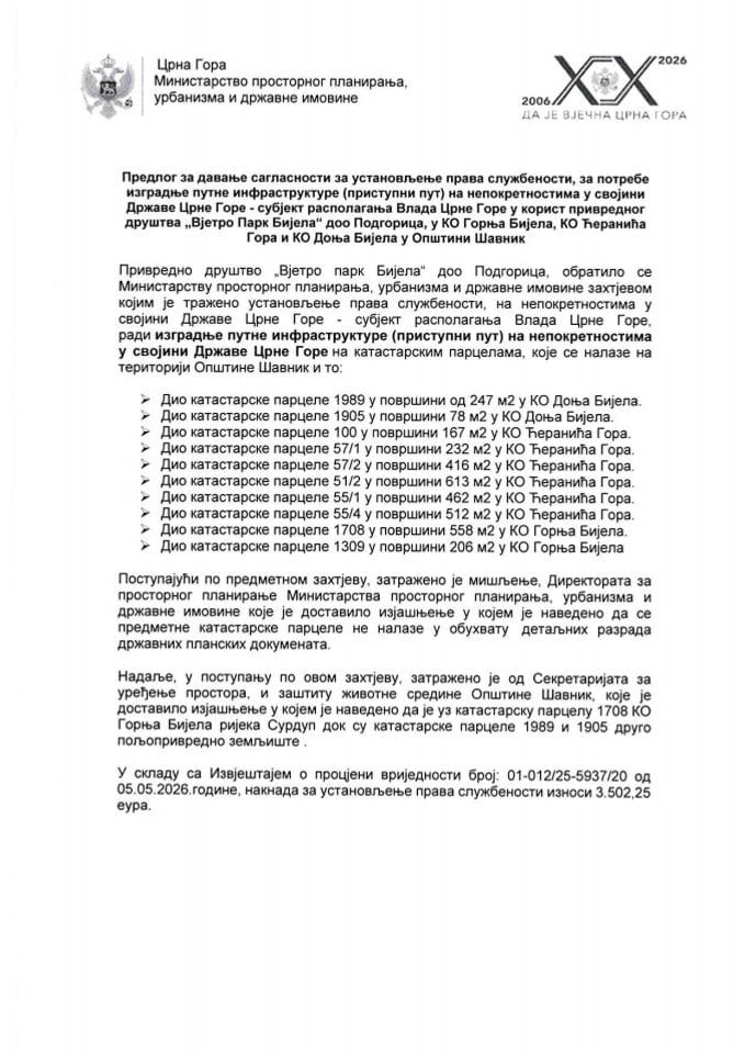 Predlog za davanje saglasnosti za ustanovljenje prava službenosti, za potrebe izgradnje putne infrastrukture (pristupni put) na nepokretnostima u svojini Države Crne Gore