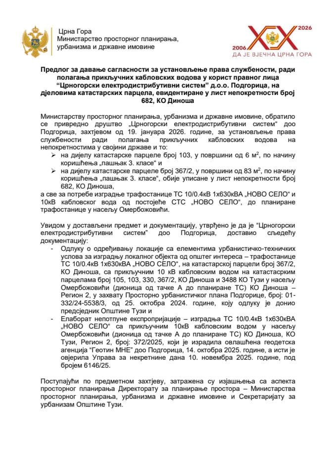 Predlog za davanje saglasnosti za ustanovljenje prava službenosti, radi polaganja priključnih kablovskih vodova u korist pravnog lica „Crnogorski elektrodistributivni sistem“ d.o.o. Podgorica
