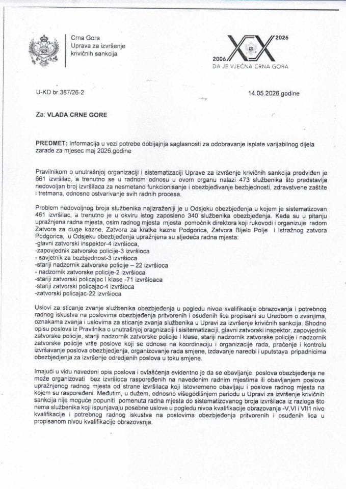 Informacija u vezi davanja saglasnosti za odobrenje isplate varijabilnog dijela zarade za mjesec maj 2026. godine Upravi za izvršenje krivičnih sankcija
