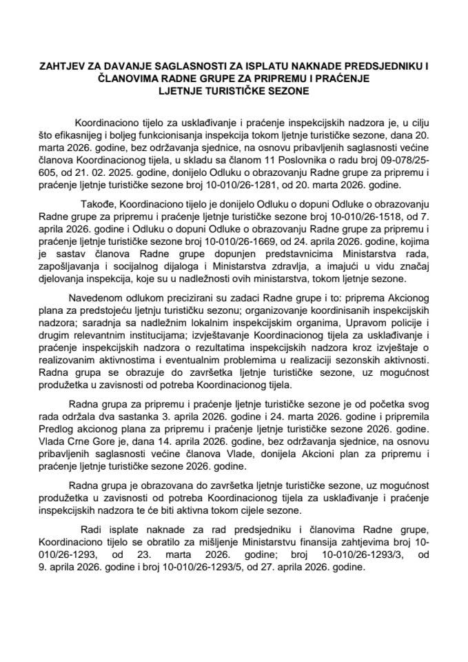 Zahtjev za davanje saglasnosti za isplatu naknade predsjedniku i članovima Radne grupe za pripremu i praćenje ljetnje turističke sezone