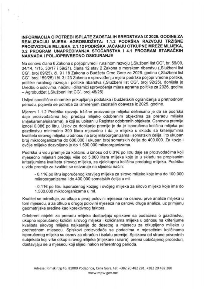 Informaciju o potrebi isplate zaostalih sredstava za 2025. godinu u ukupnom iznosu od 1.883.141,96 eura
