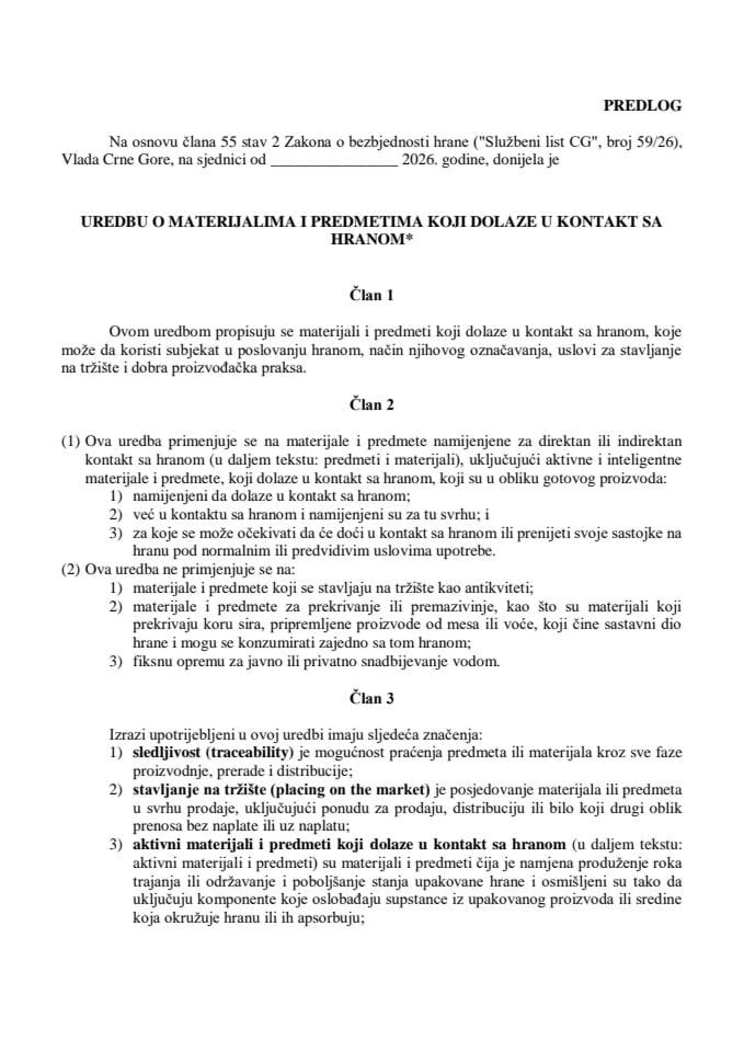Predlog uredbe o materijalima i predmetima koji dolaze u kontakt sa hranom