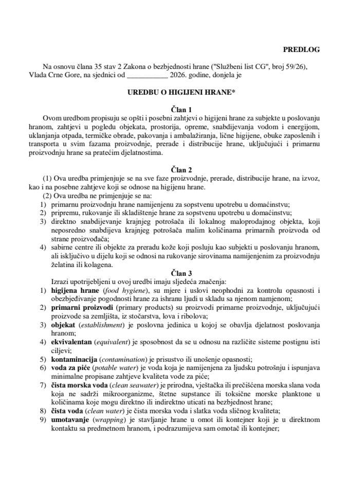 Predlog uredbe o higijeni hrane