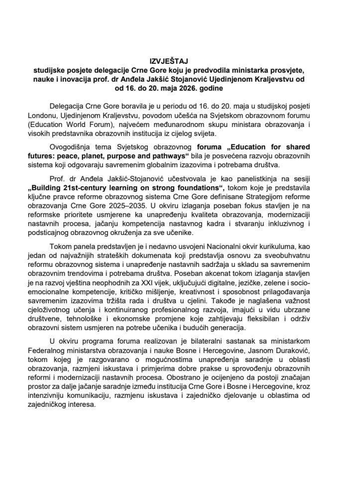 Izvještaj sa studijske posjete delegacije Crne Gore koju je predvodila ministarka prosvjete, nauke i inovacija prof. dr Anđela Jakšić Stojanović Ujedinjenom Kraljevstvu, od 16. do 20. maja 2026. godine
