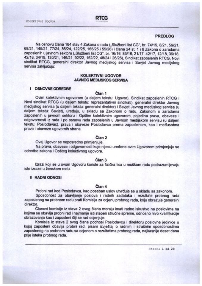 Predlog kolektivnog ugovora Javnog medijskog servisa Crne Gore