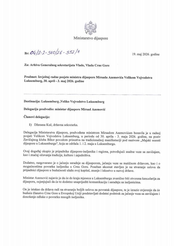 Izvještaj sa radne posjete ministra dijaspore Mirsada Azemovića Velikom Vojvodstvu Luksemburg, 30. april - 3. maj 2026. godine