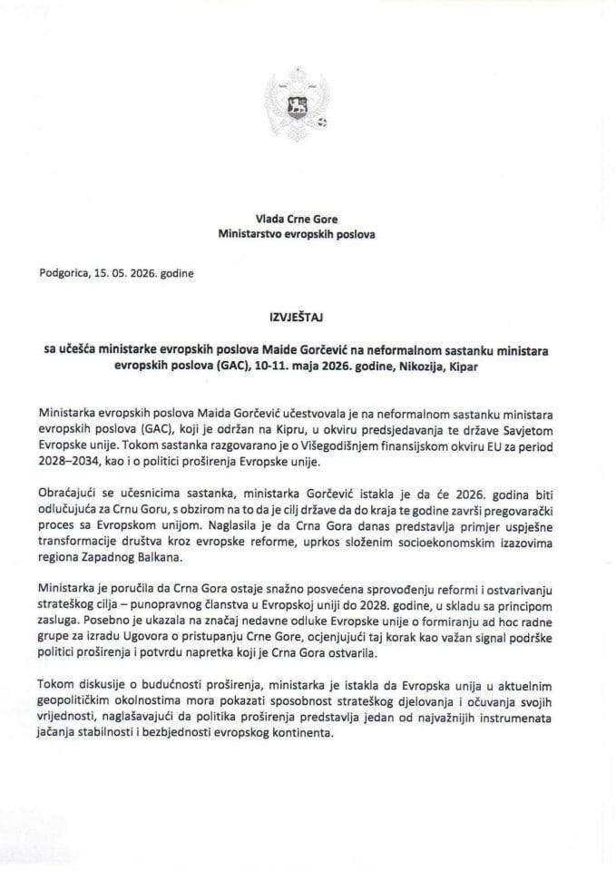 Izvještaj sa učešća ministarke evropskih poslova Maide Gorčević na neformalnom sastanku ministara evropskih poslova (GAC) 10-11. maja 2026. godine, Nikozija, Kipar