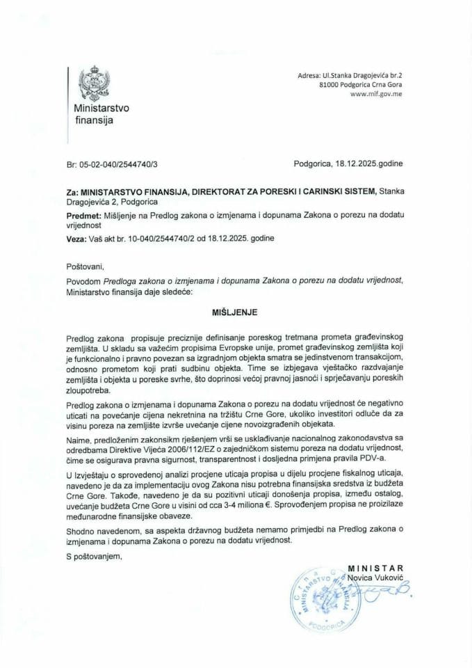 Mišljenje na Predlog zakona o izmjenama i dopunama Zakona o porezu na dodatu vrijednost