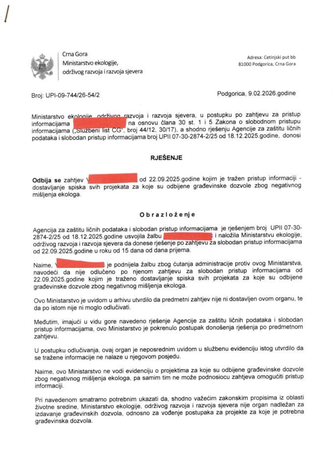 Rješenje fizičko lice broj UPI-09-744 26-54 2 od 09.02.2026