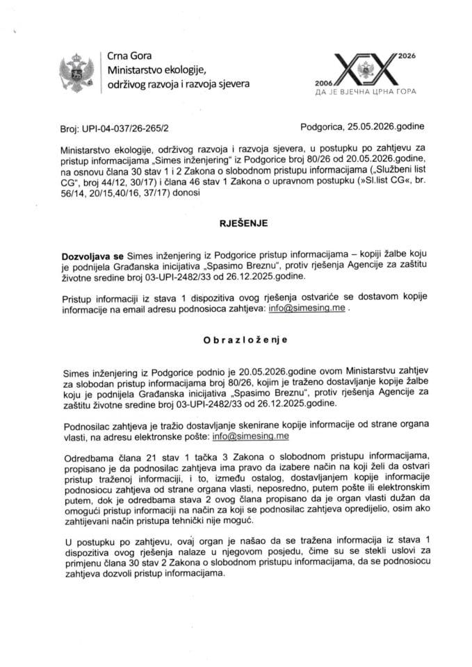 Rješenje po zahtjevu Simes inžinjering br.UPI-04-037-26-265-2 od 25.05.2026