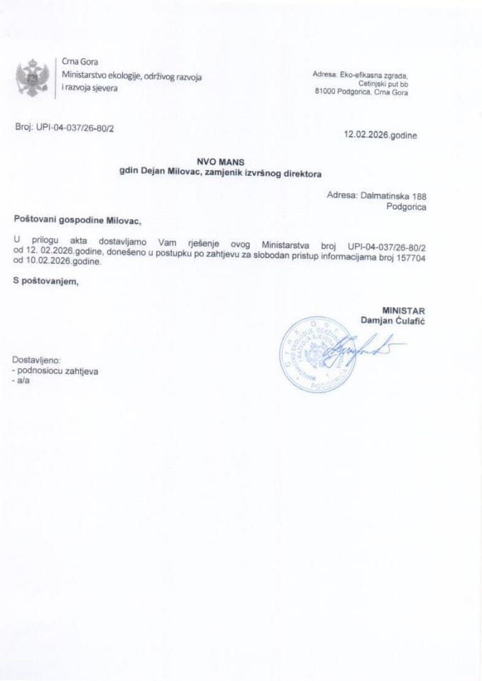Rješenje po zahtjevu NVO MANS br.UPI-04-037-26-80-2 od 18.02.2026.