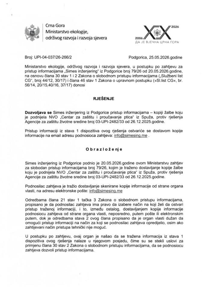 Rješenje po zahtjevu Simes inžinjering br.UPI-04-037-26-266-2 od 25.05.2026.
