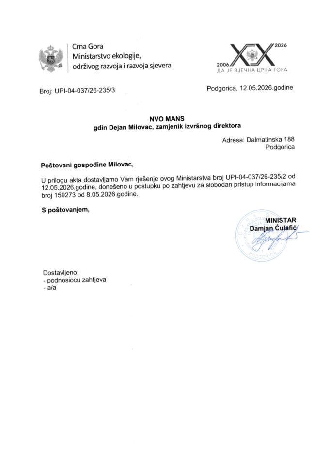 Rješenje po zahtjevu NVO MANS br.UPI-04-037-26-235-2 od 12.05.2026.