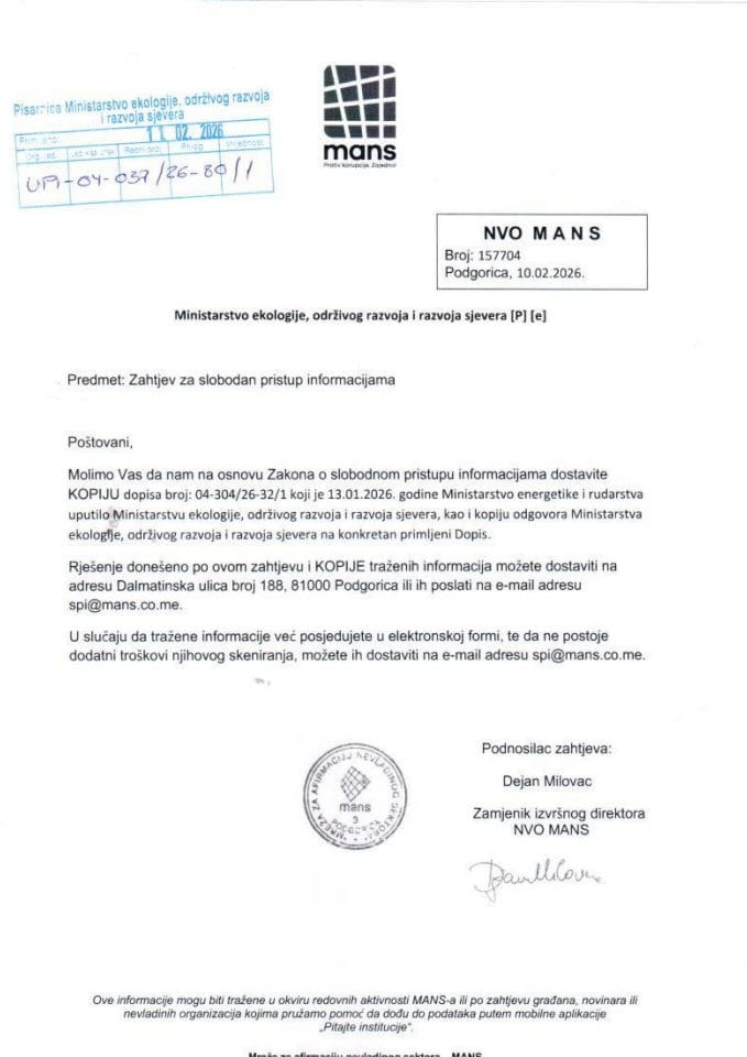 Zahtjevi - Slobodan pristup informacijama - zahtjev NVO MANS