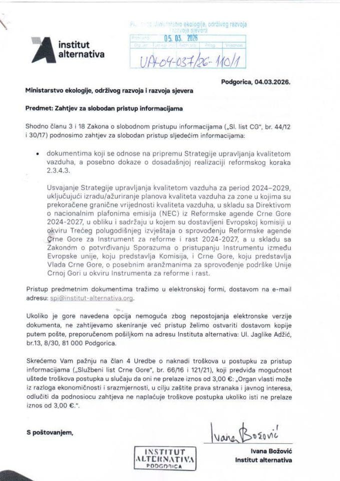Zahtjevi - Slobodan pristup informacijama - zahtjev Instituta alternativa