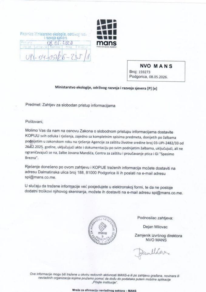 Zahtjevi - Slobodan pristup informacijama -  zahtjev  NVO MANS