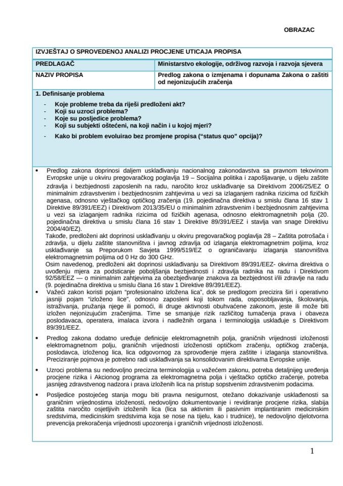 3 РИА образац -Предлог закона о измјенама и допунама Закона о застити од нејонизујуцих зрацења