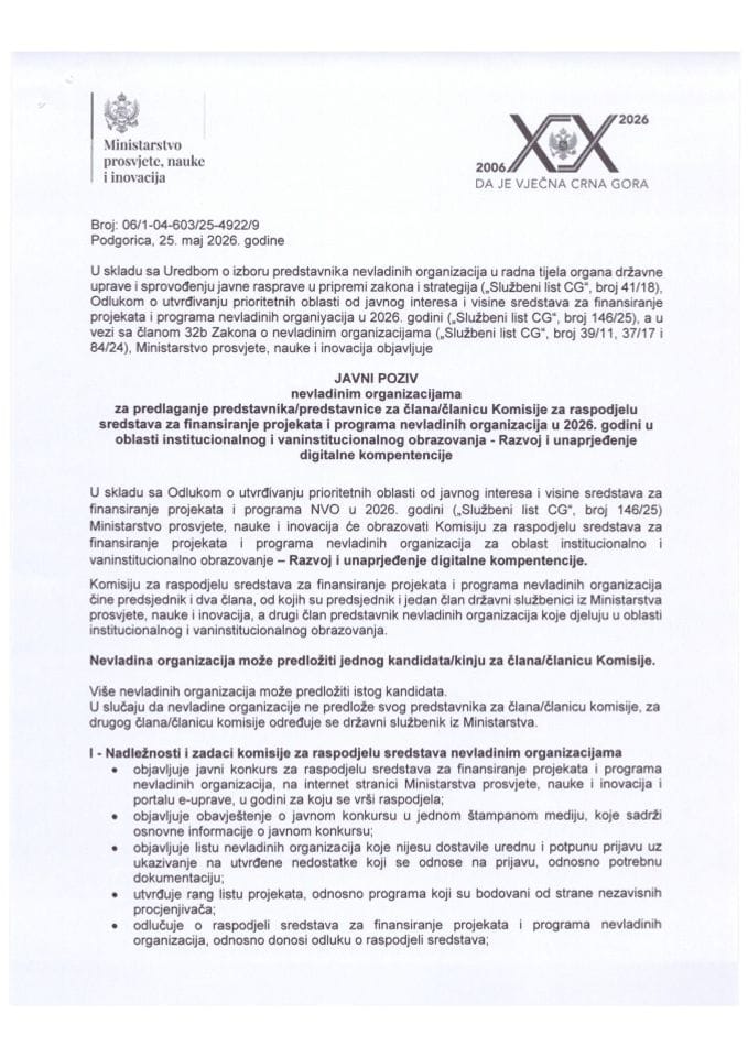 Javni poziv NVO za člana komisije