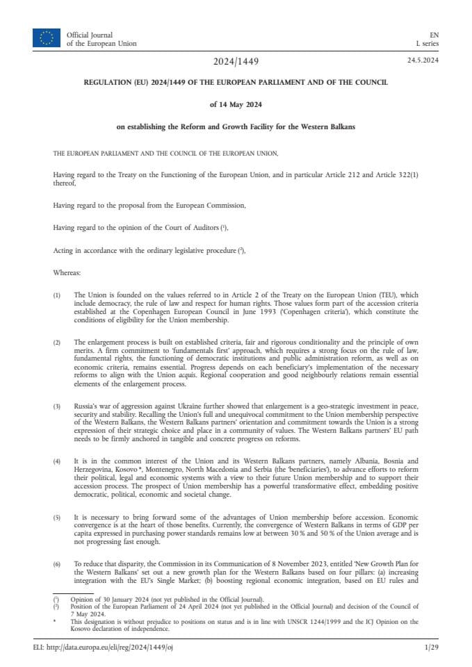 EU Regulation on establishing Reform and Growth Facility for Wester Balkans