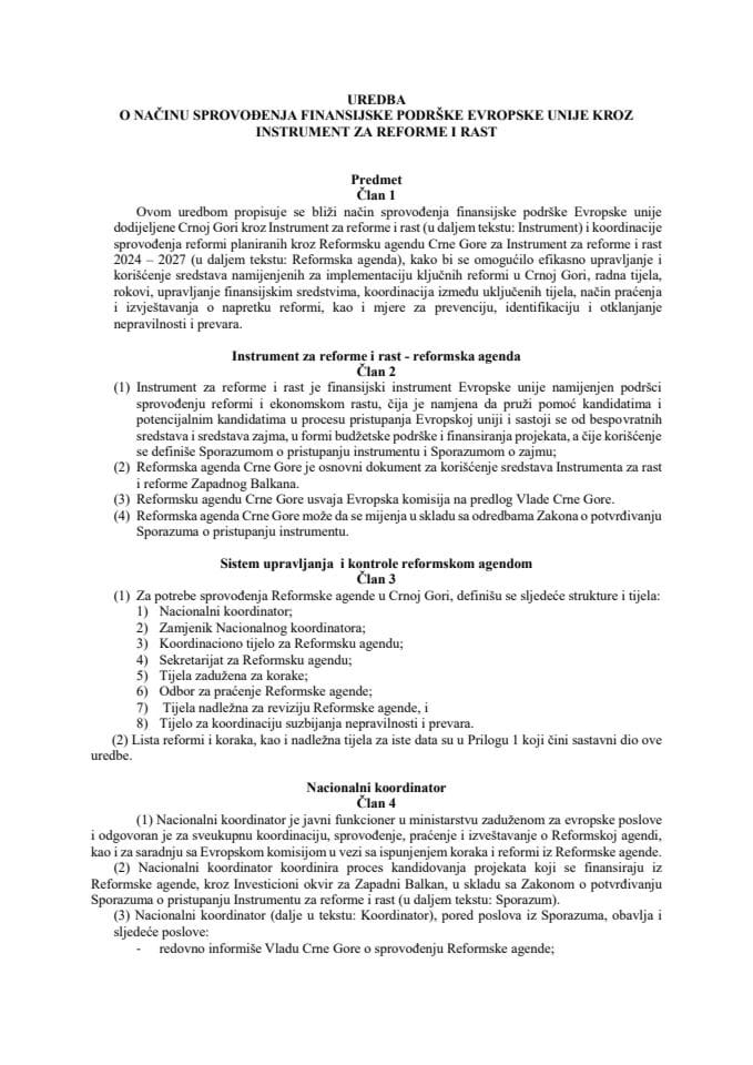 Uredba o načinu sprovođenja finansijske podrške EU kroz Instrument za reforme i rast