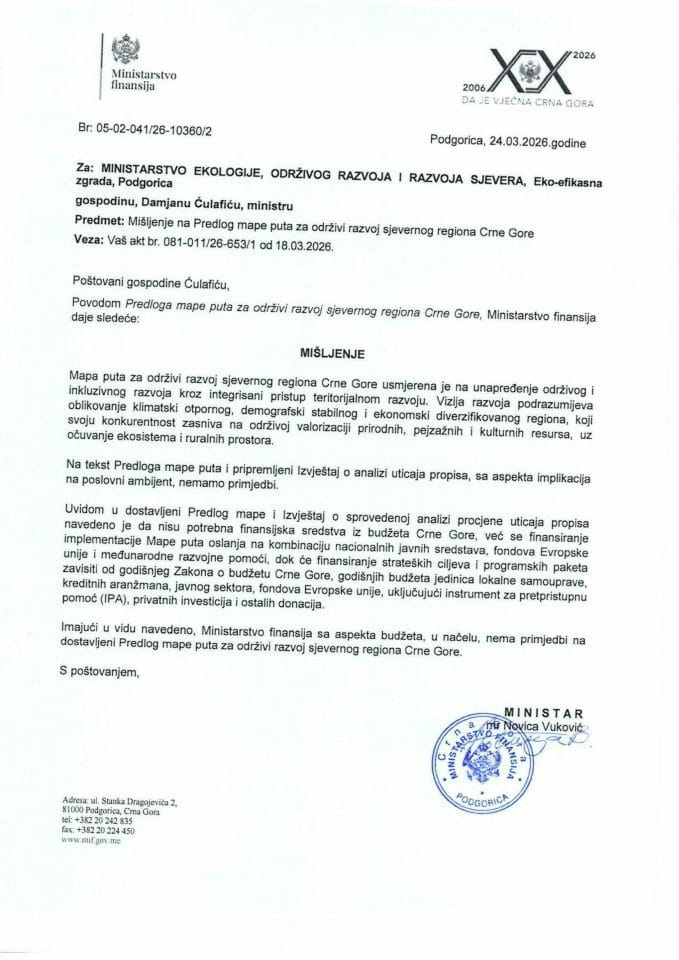 Mišljenje na Predlog mape puta za održivi razvoj sjevernog regiona Crne Gore