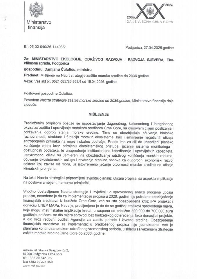 Mišljenje na Nacrt strategije zaštite morske sredine do 2036. godine