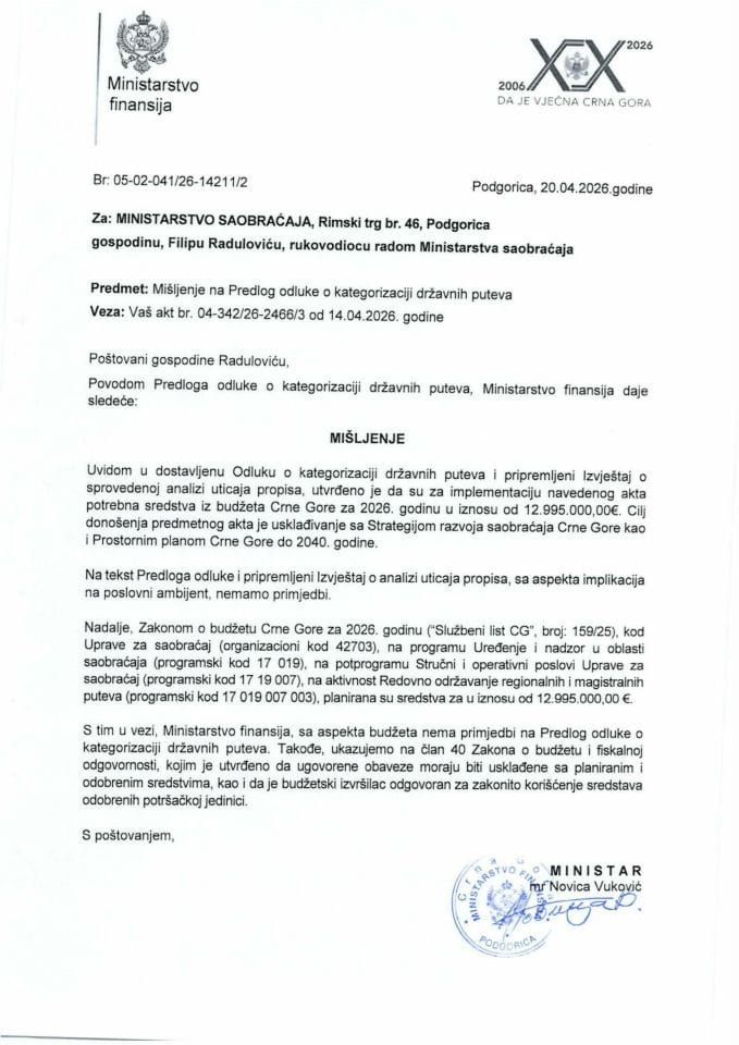 Mišljenje na Predlog odluke o kategorizaciji državnih puteva