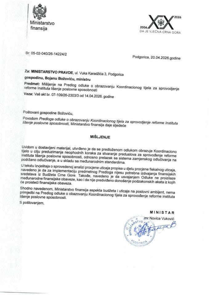 Mišljenje na Predlog odluke o obrazovanju Koordinacionog tijela za sprovodjenje reforme Instituta lišenje poslovne sposobnosti