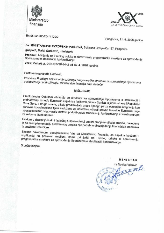 Mišljenje na Predlog odluke o obrazovanju pregovaračke strukture za sprovođenje Sporazuma o stabilizaciji i pridruživanju