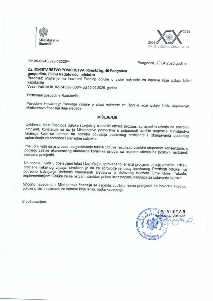 Mišljenje na Predlog odluke o visini naknade za isprave koje izdaju lučke kapetanije