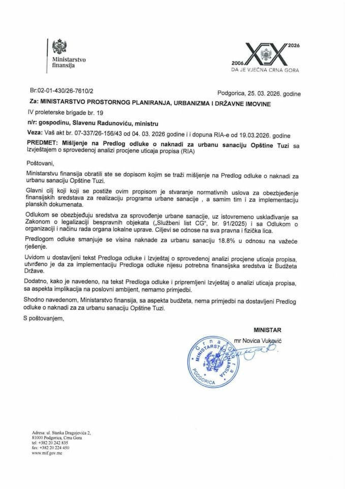Mišljenje na Predlog odluke o naknadi za urbanu sanaciju opštine Tuzi
