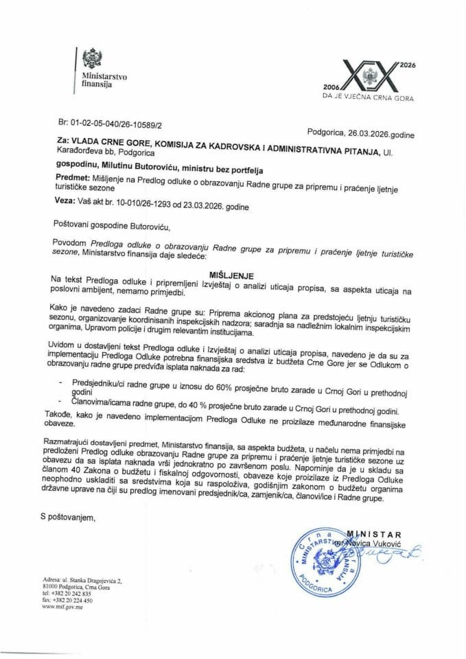 Mišljenje na Predlog odluke o obrazovanju Radne grupe za pripremu i praćenje ljetnje turističke sezone