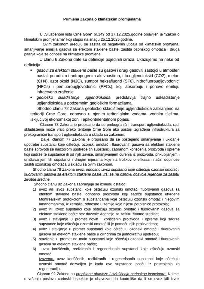 Primjena Zakona o klimatskim promjenama