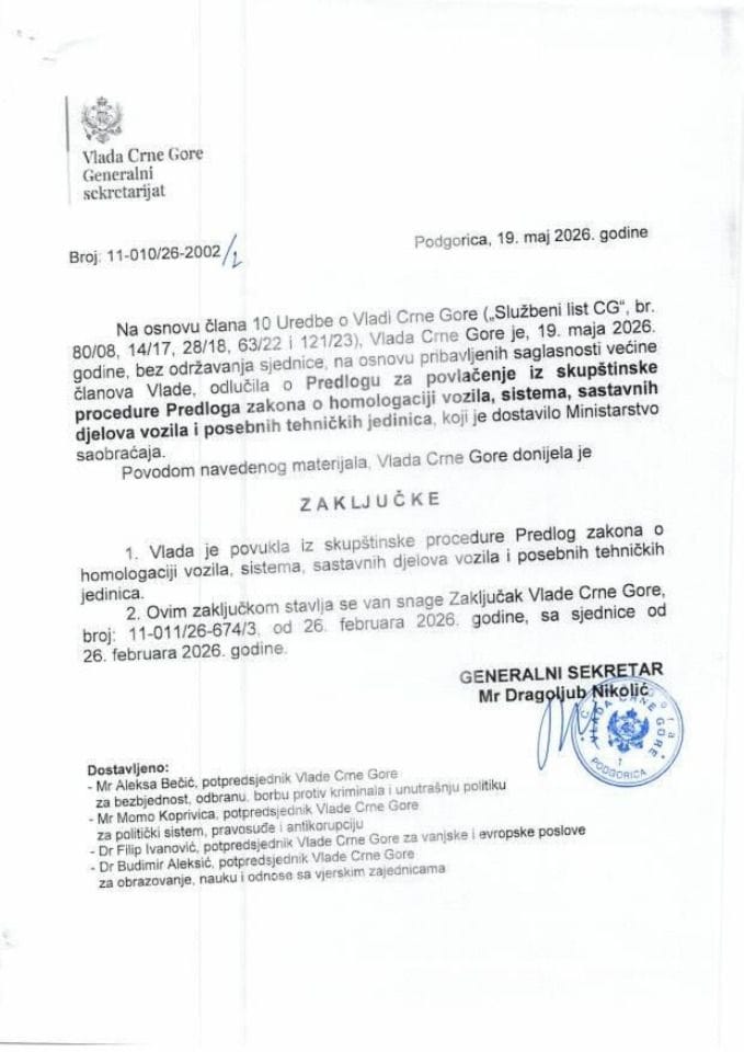 Predlog za povlačenje iz skupštinske procedure Predloga zakona o homologaciji vozila, sistema, sastavnih djelova vozila i posebnih tehničkih jedinica - zaključci