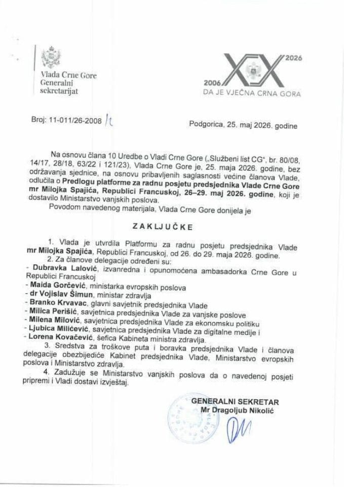 Predlog platforme za radnu posjetu predsjednika Vlade Crne Gore mr Milojka Spajića Republici Francuskoj, 26-29. maj 2026. godine - zaključci