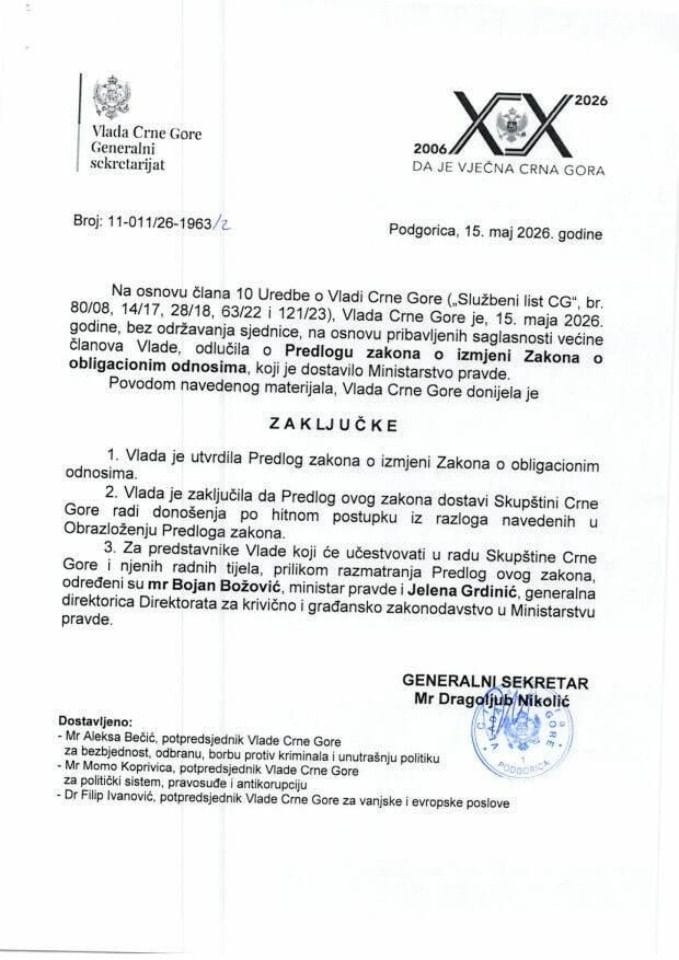 Predlog zakona o izmjeni Zakona o obligacionim odnosima - zaključci