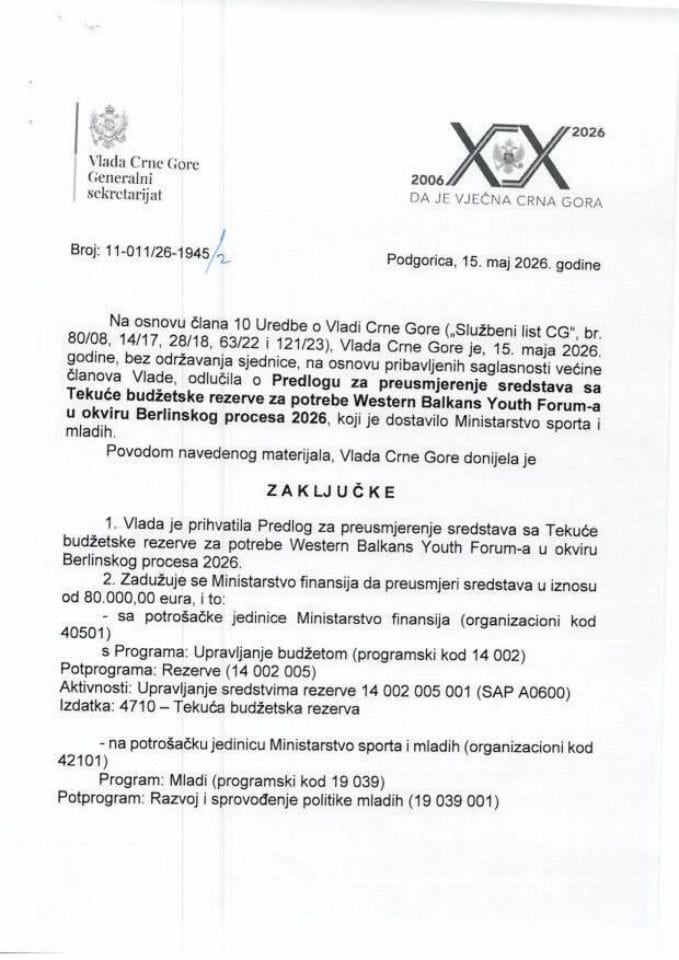 Predlog za preusmjerenje sredstava sa Tekuće budžetske rezerve za potrebe realizacije Western Balkans Youth Forum-a u okviru Berlinskog procesa 2026 - zaključci