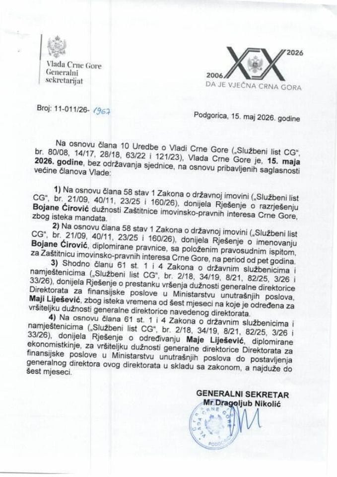 Kadrovska pitanja sa telefonske sjednice od 15. maja 2026. godine - zaključci