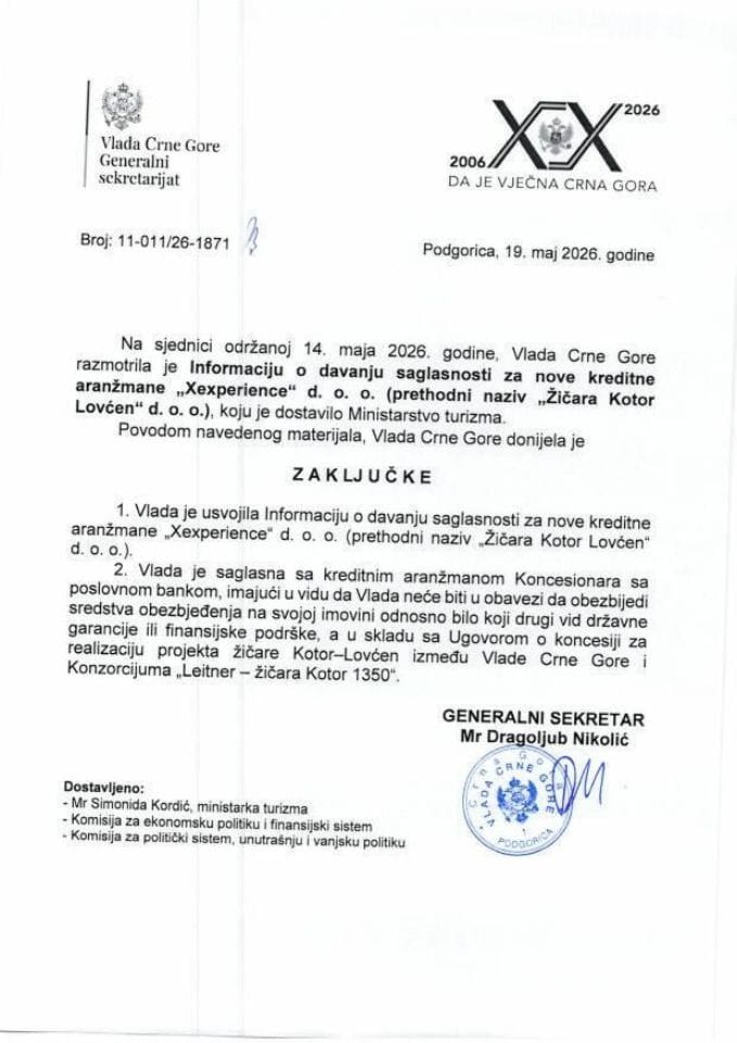 Информација о давању сагласности за нове кредитне аранжмане „XExperience“ д.о.о. (претходни назив Жичара Котор Ловћен“ д.о.о.) - закључци