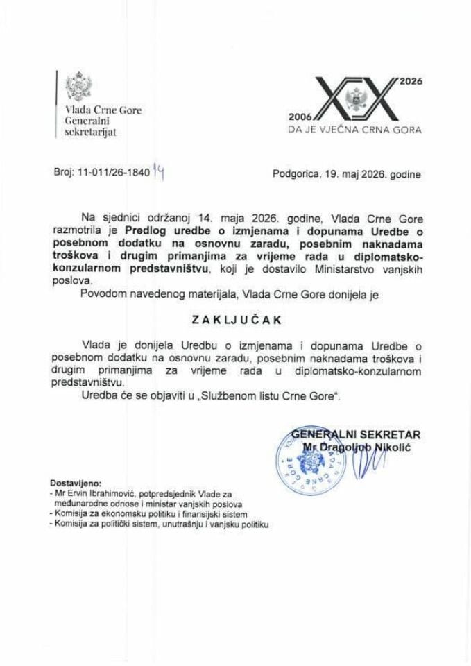 Предлог уредбе о измјенама и допунама Уредбе о посебном додатку на основну зараду, посебним накнадама трошкова и другим примањима за вријеме рада у дипломатско-конзуларном представништву - закључци