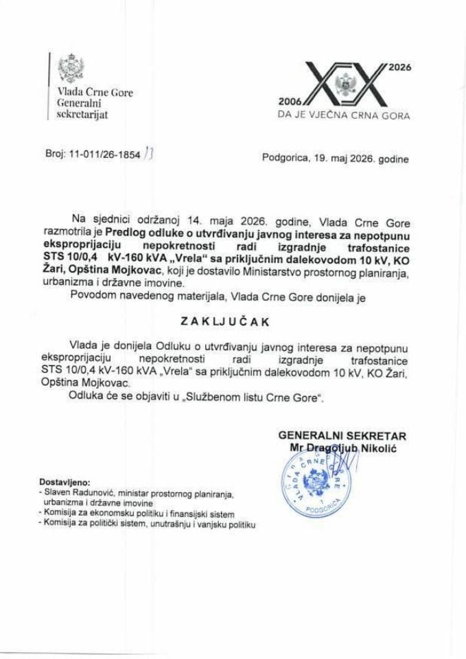 Предлог одлуке о утврђивању јавног интереса за непотпуну експропријацију непокретности ради изградње трафостанице СТС 10/0,4 kV-160 kVA „Врела“ са прикључним далеководом 10 kV, КО Жари, Општина Мојковац - закључци